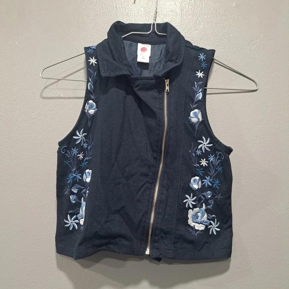 Total Girl Kids Navy Blue‎ Floral Embroidered Moto Vest Asymmetrical Zip Size 14
